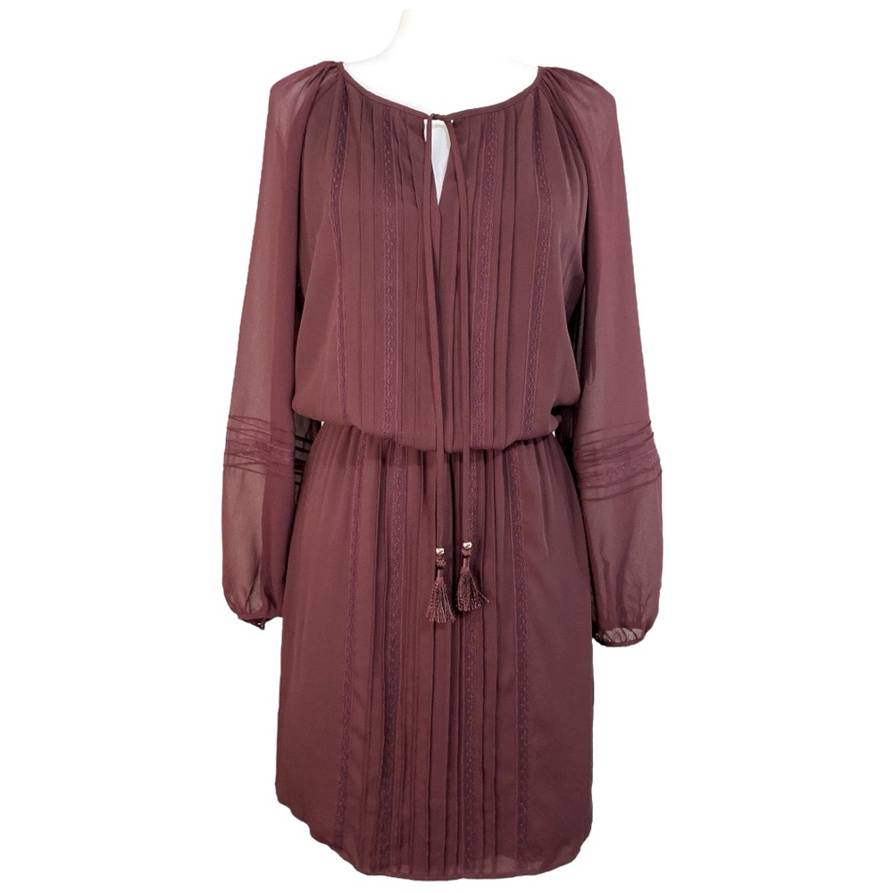 WHBM Pintuck Burgundy‎ Dress Women's Size X-Small Sheer Sleeves Lined Tassel Tie